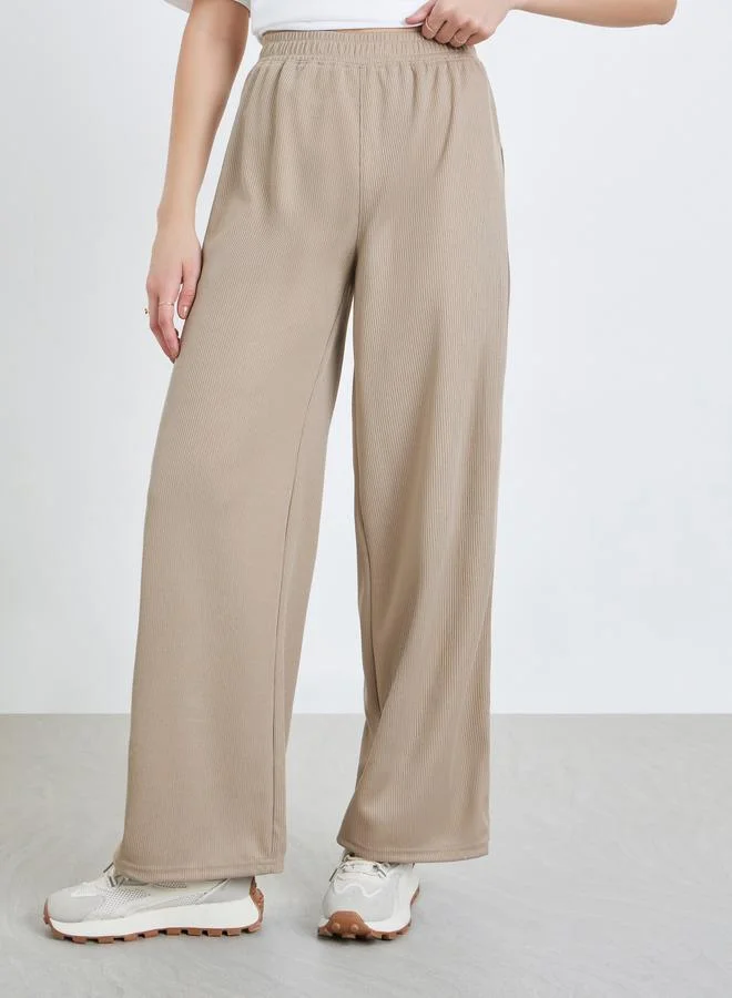 Styli Women Khaki Ribbed Wide Leg Trousers